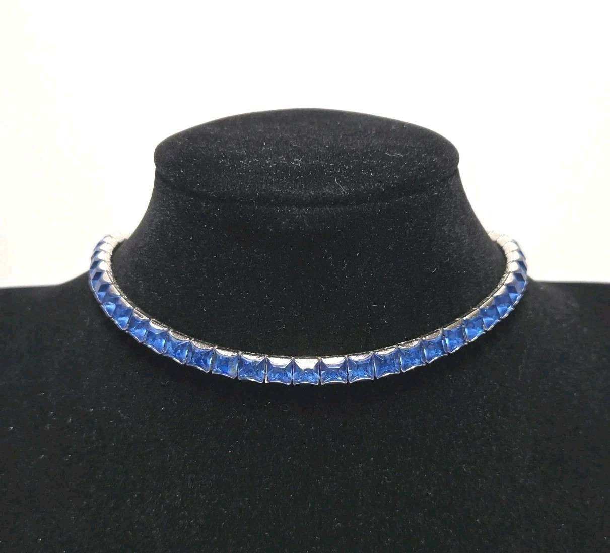 Glamorous Vintage Art Deco Style 30s Blue Square Rhinestone Choker Necklace 