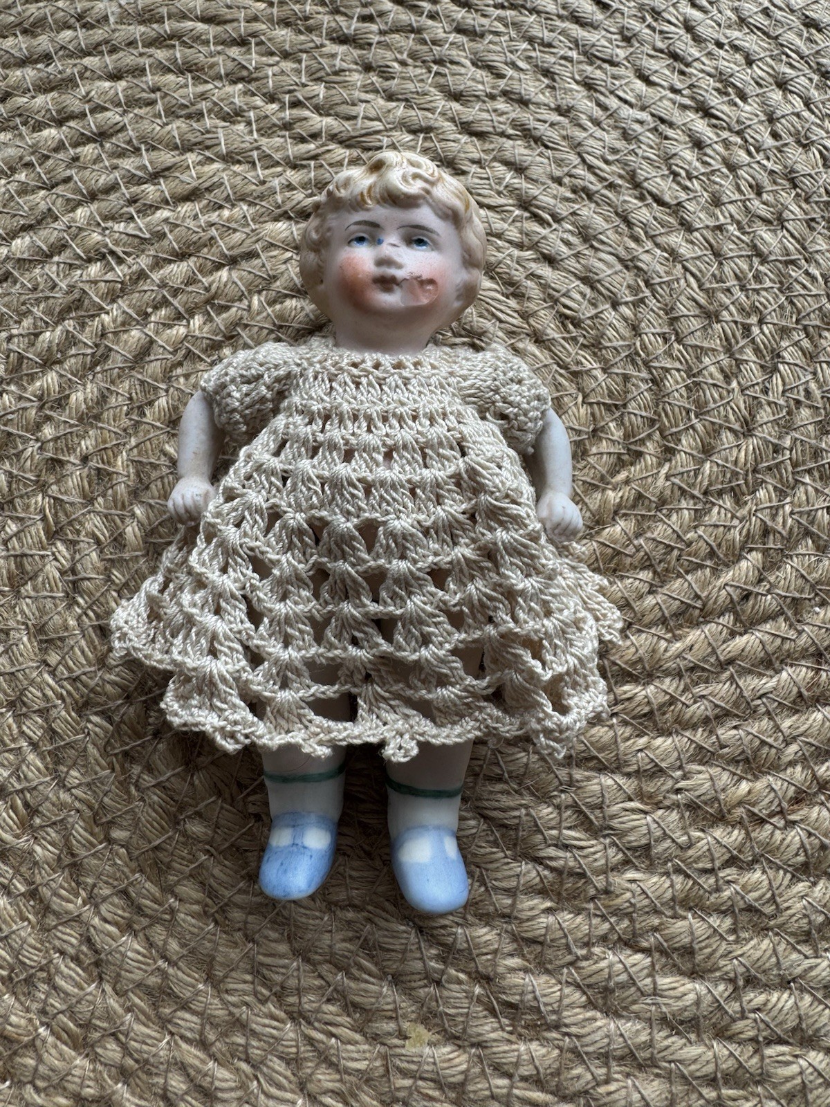 Antique All Bisque German Doll 4” Crochet Dress Blonde Blue Eyes