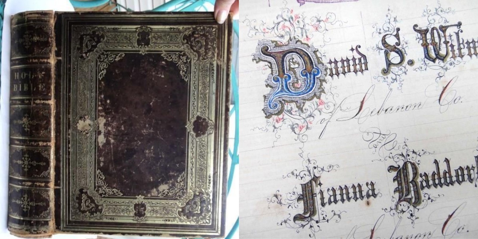 1868 antique BIBLE WITMER BADDORF lebanon pa orig FRAKTUR signd KENNING folk art