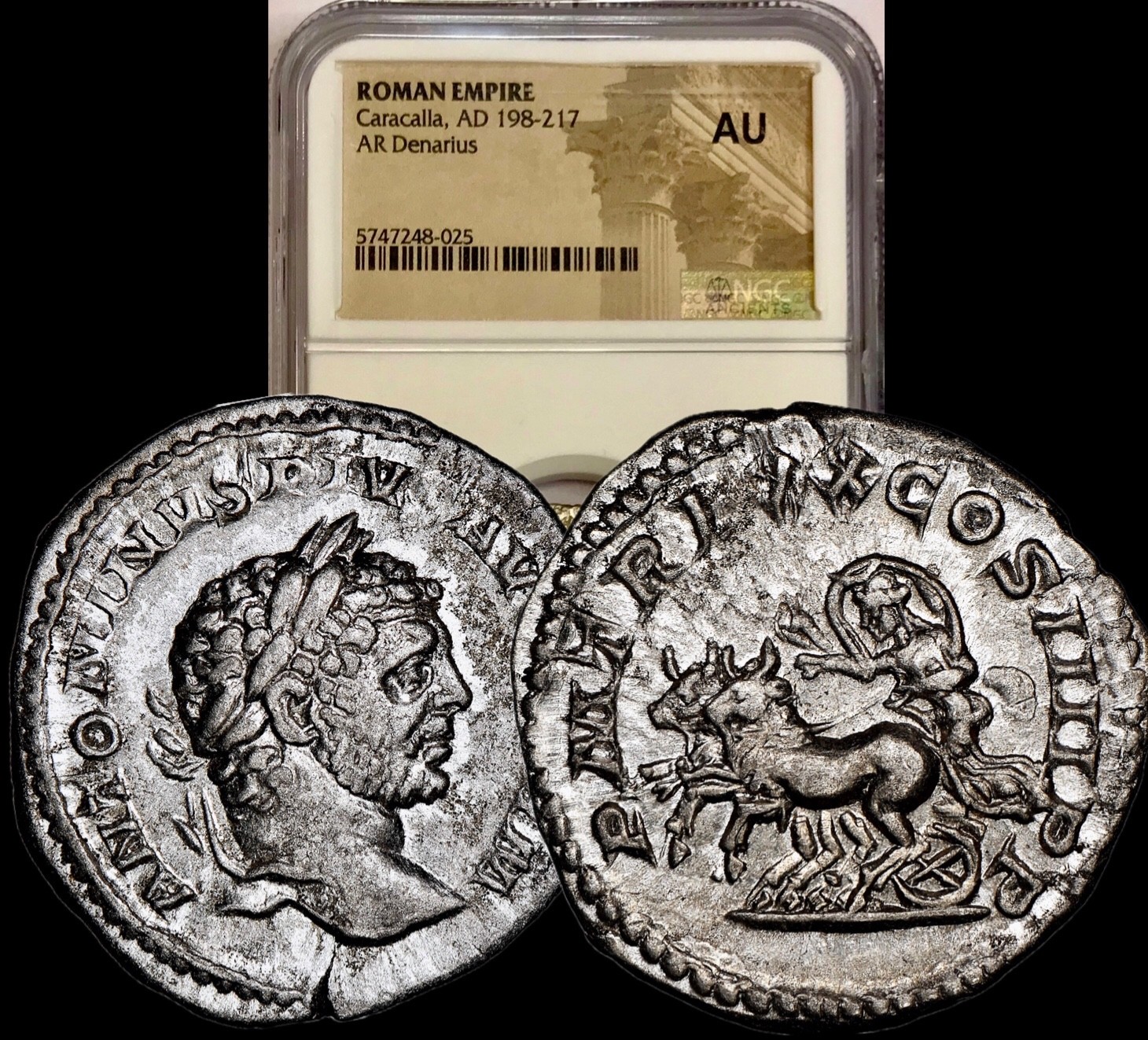 198-217 AD Caracalla Ancient Roman Silver Denarius Coin Diana Fast Briga NGC AU