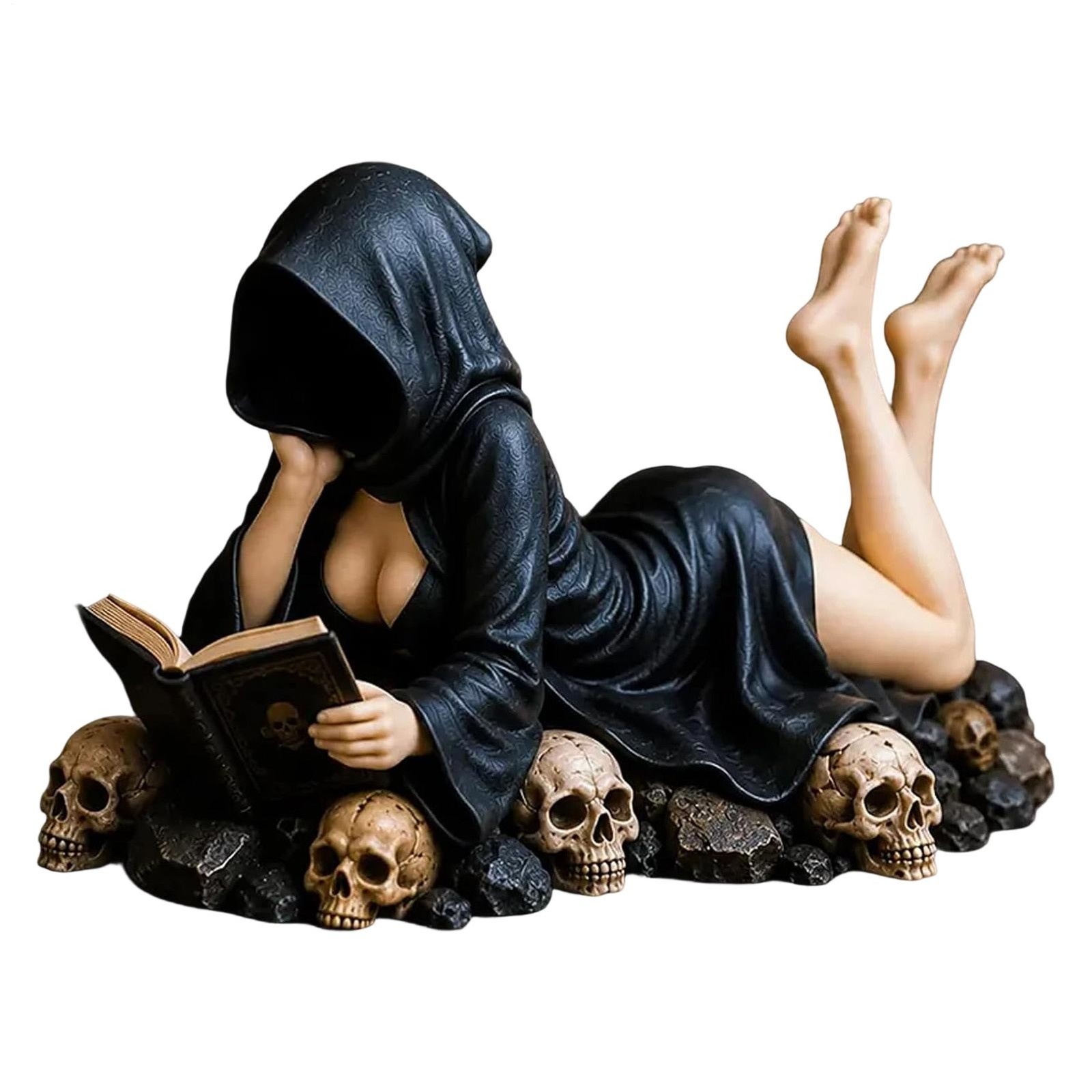 1x Resin Hooded Female Witch Reading Book Figurine Gothic Statue Halloween Decor