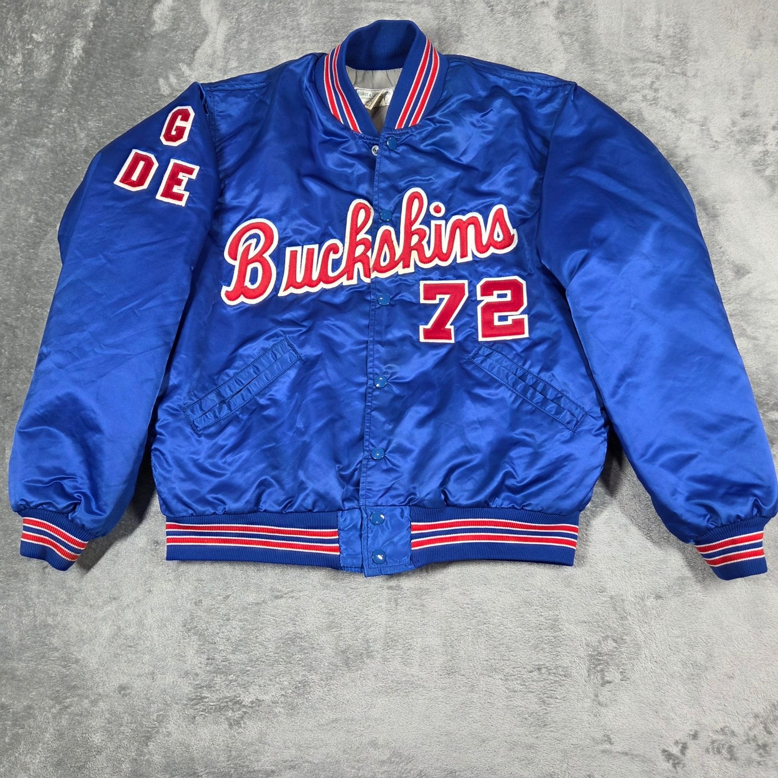 Vintage Conestoga Valley Buckskins Jacket Mens Medium Blue Satin Football Bomber