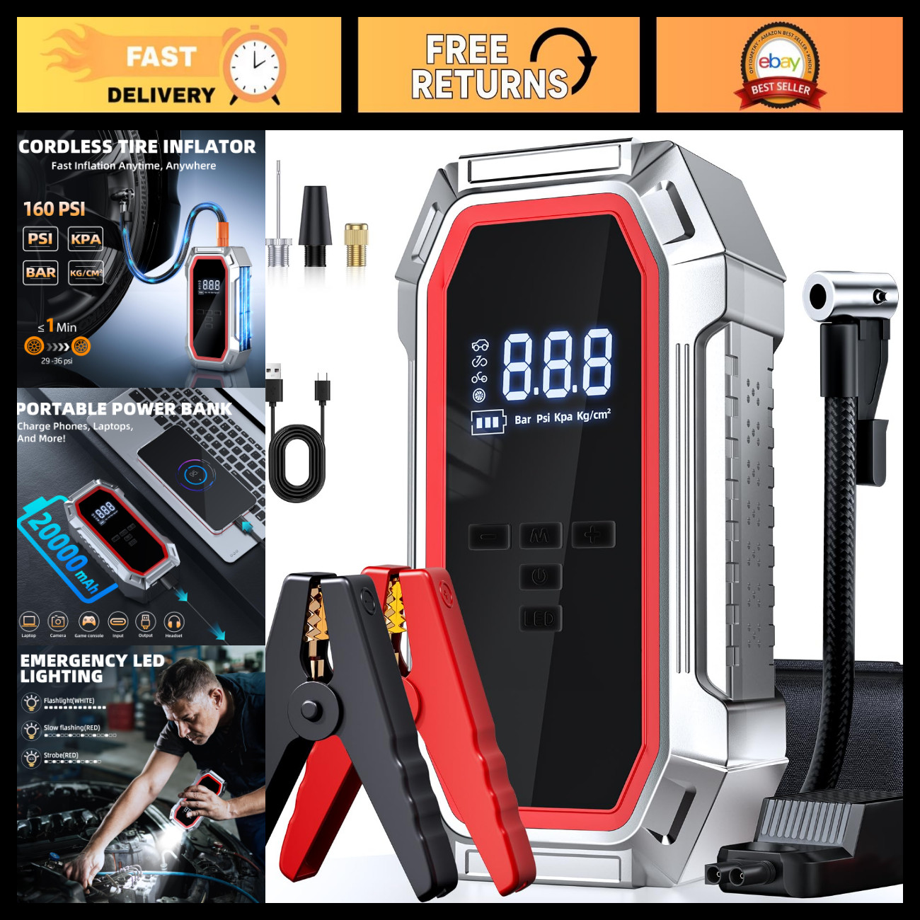 5000A Peak Jump Starter & Air Compressor, 160PSI Portable Battery Booster, LED & 5000A Peak Jump Starter & Air Compressor, 160PSI Portable Battery Booster, LED &