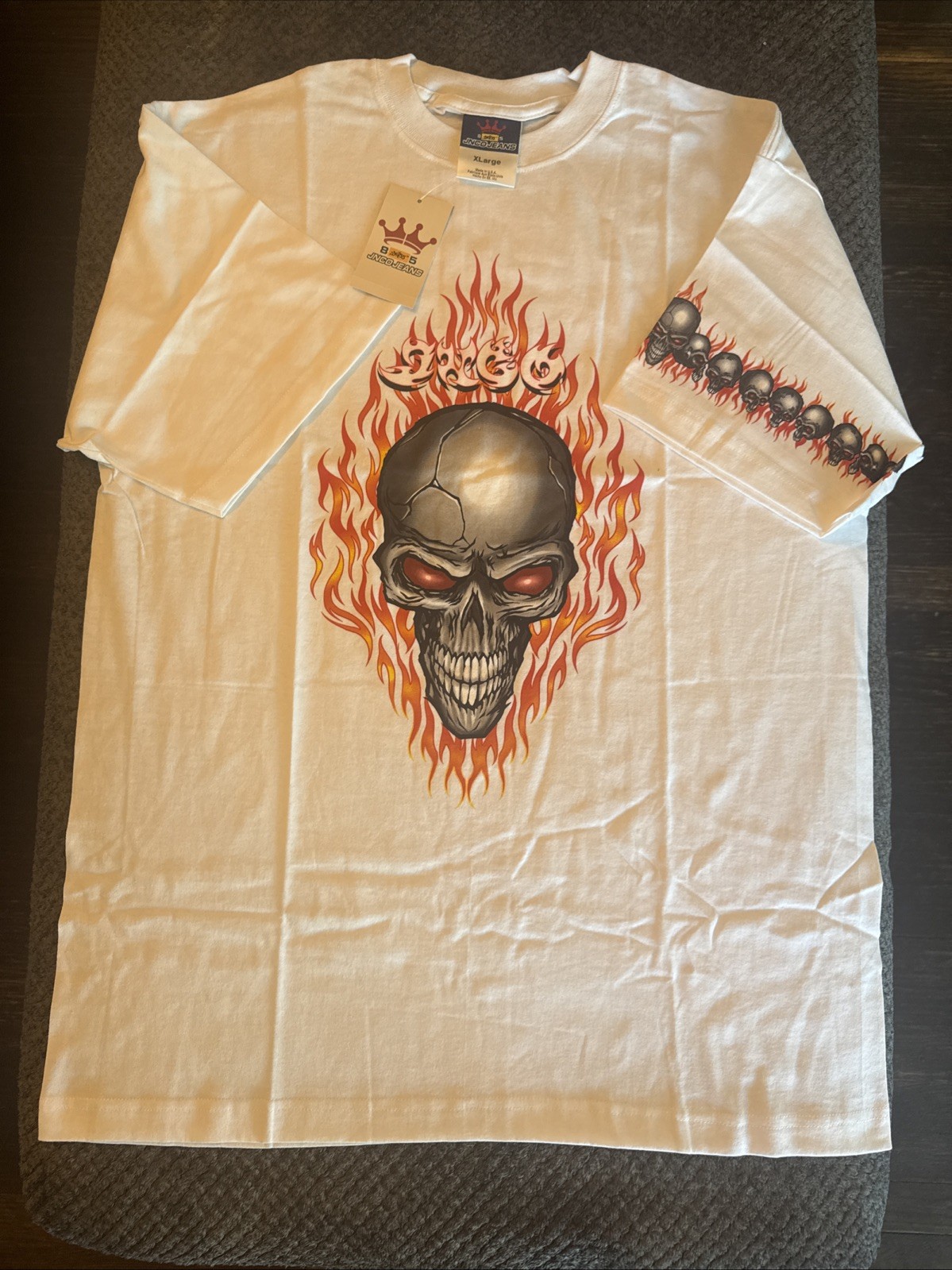 Vtg JNCO Jeans NEW WITH TAGS Flaming Skull T-Shirt Mens XL White Deadstock Y2K