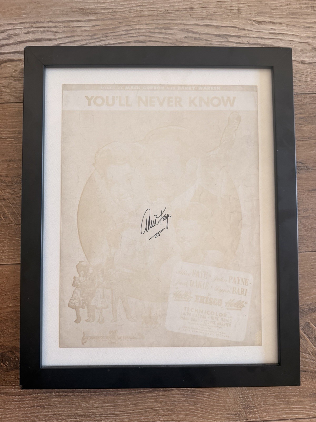 Vintage 1943 “You’ll Never Know” Sheet Music – Alice Faye Autograph – Framed