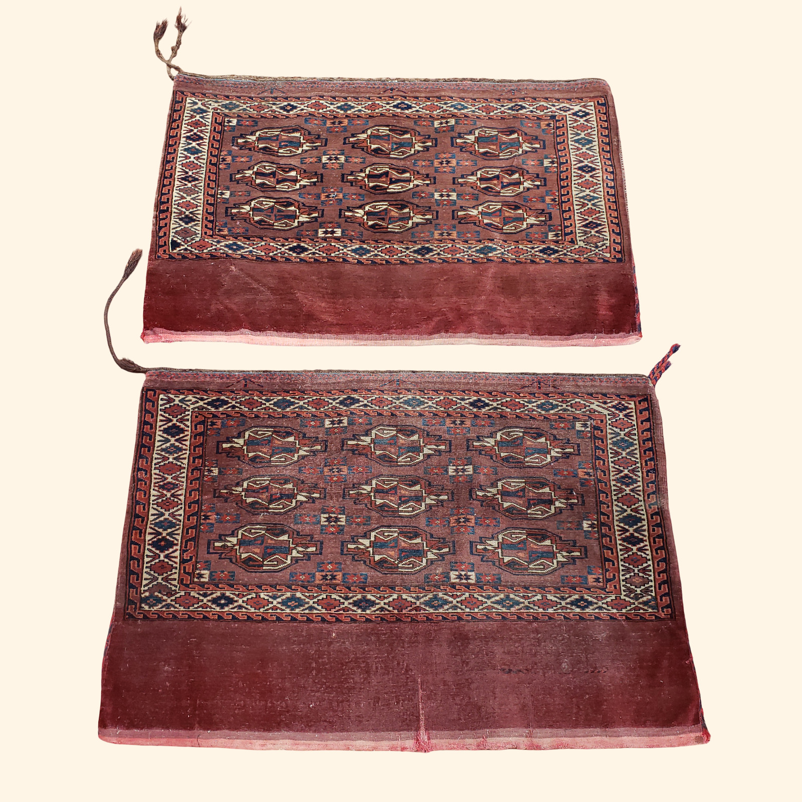 Antique Yomut Yomud Turkmen Chuval Storage Bags Matched Pair 19th C 9 Gul Rugs