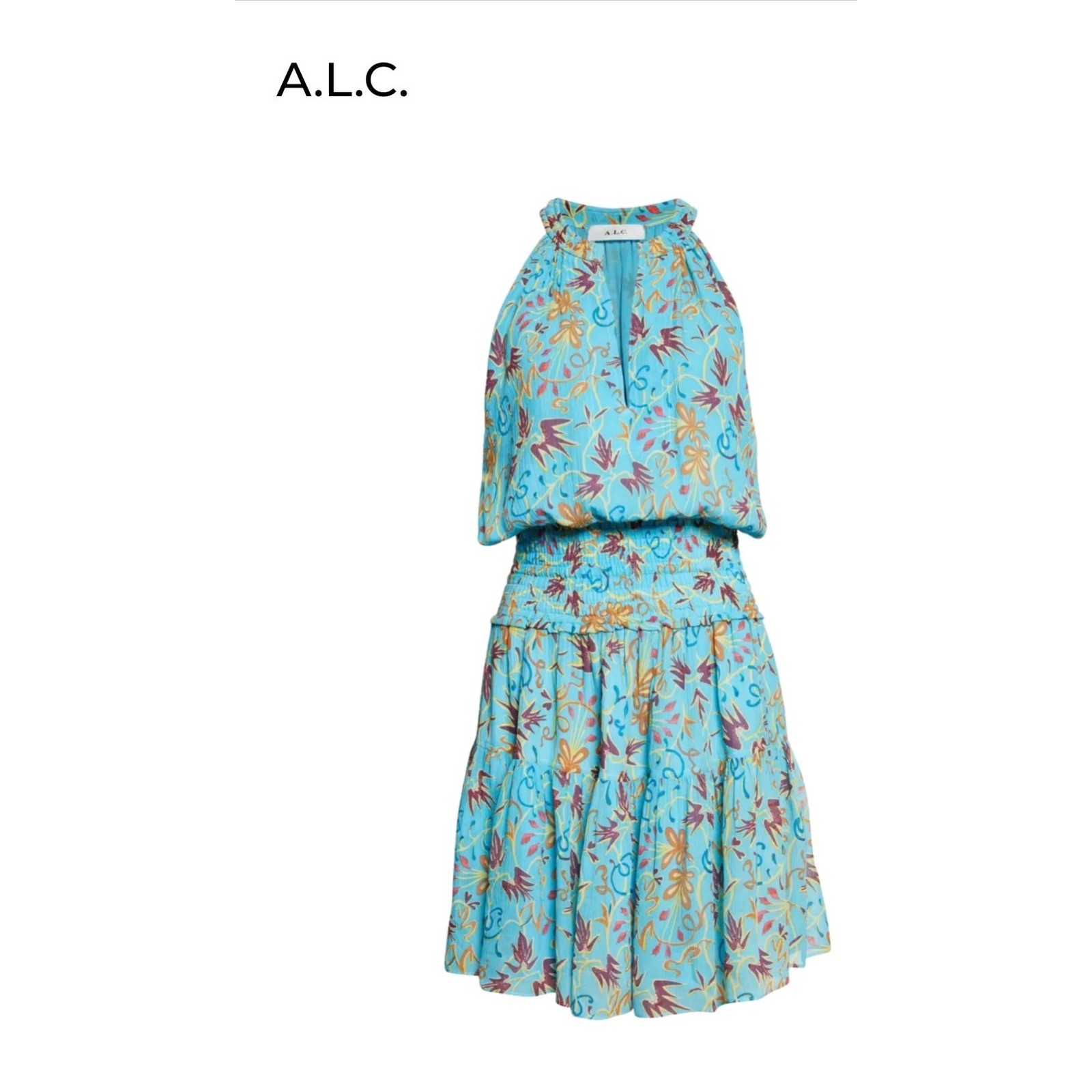 A.L.C. Courtney Floral Smocked Tiered Silk Dress Blue 6 V Neck Mini Luxury A.L.C. Courtney Floral Smocked Tiered Silk Dress Blue 6 V Neck Mini Luxury