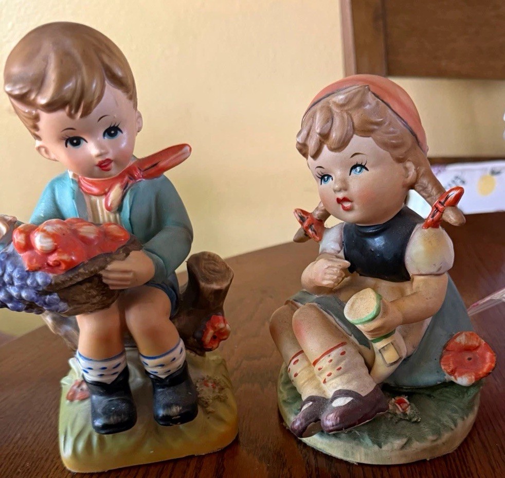 Vintage Japan Ceramic Boy & Girl Children Figurines Set of 2, Glossy 3D