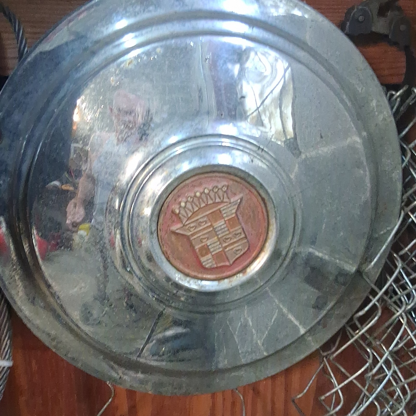 Rare Vintage 1940's Red Crested Cadillac Chrome Hubcap Cover, OEM, Rare Vintage 1940's Red Crested Cadillac Chrome Hubcap Cover, OEM,
