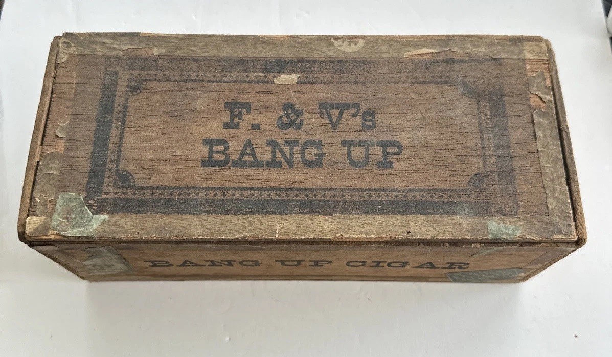 Vintage F. & V’s Bang Up Wooden Cigar Box Approximately 10.5x4.5x3.75