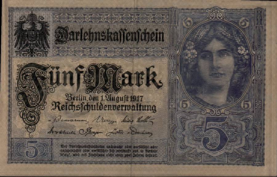 1917 Germany 5 Mark Banknote Uncirculated