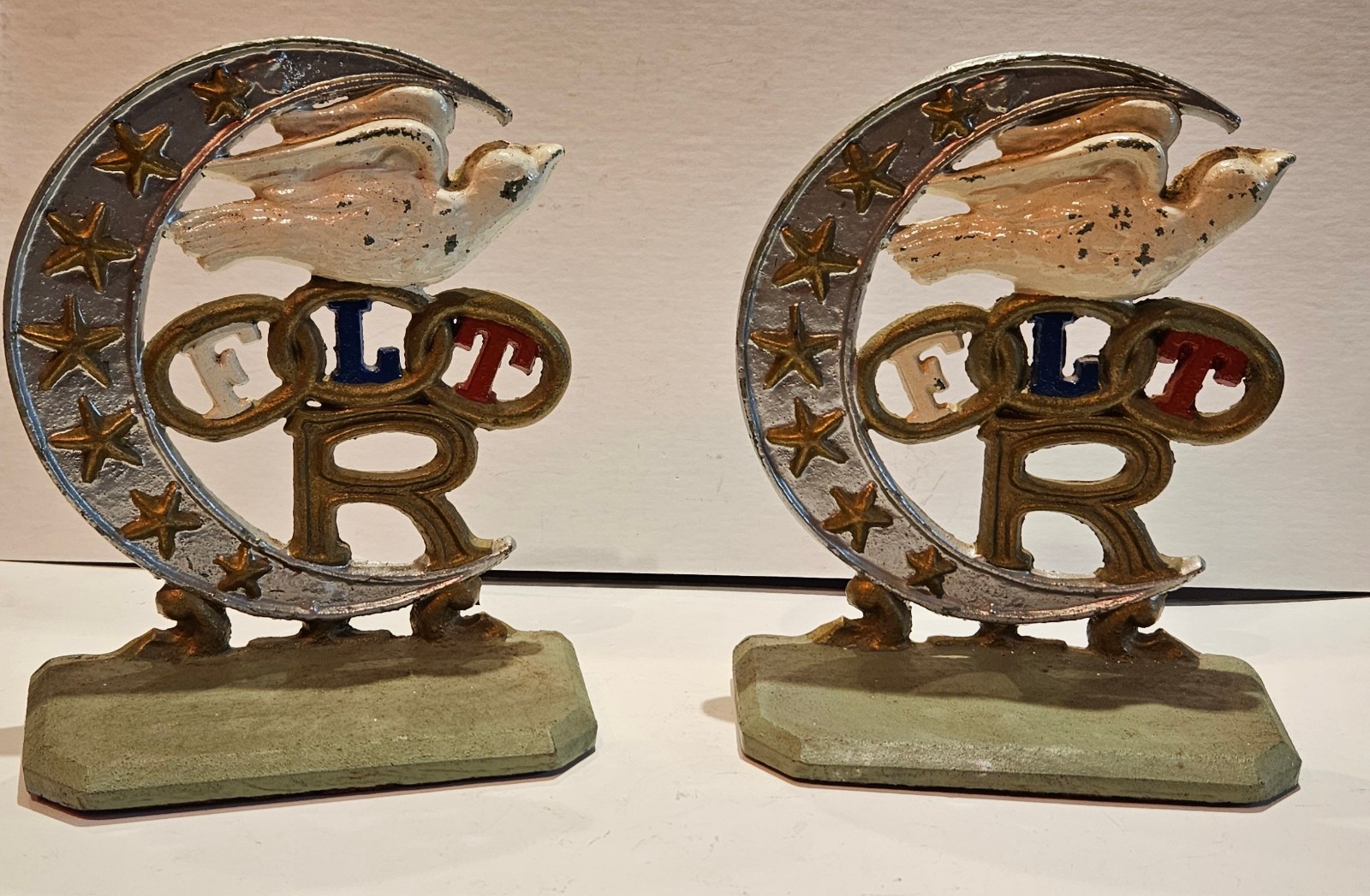 Great figural cast iron bookends, IOOF Odd Fellows Rebekah Friendship Love Truth