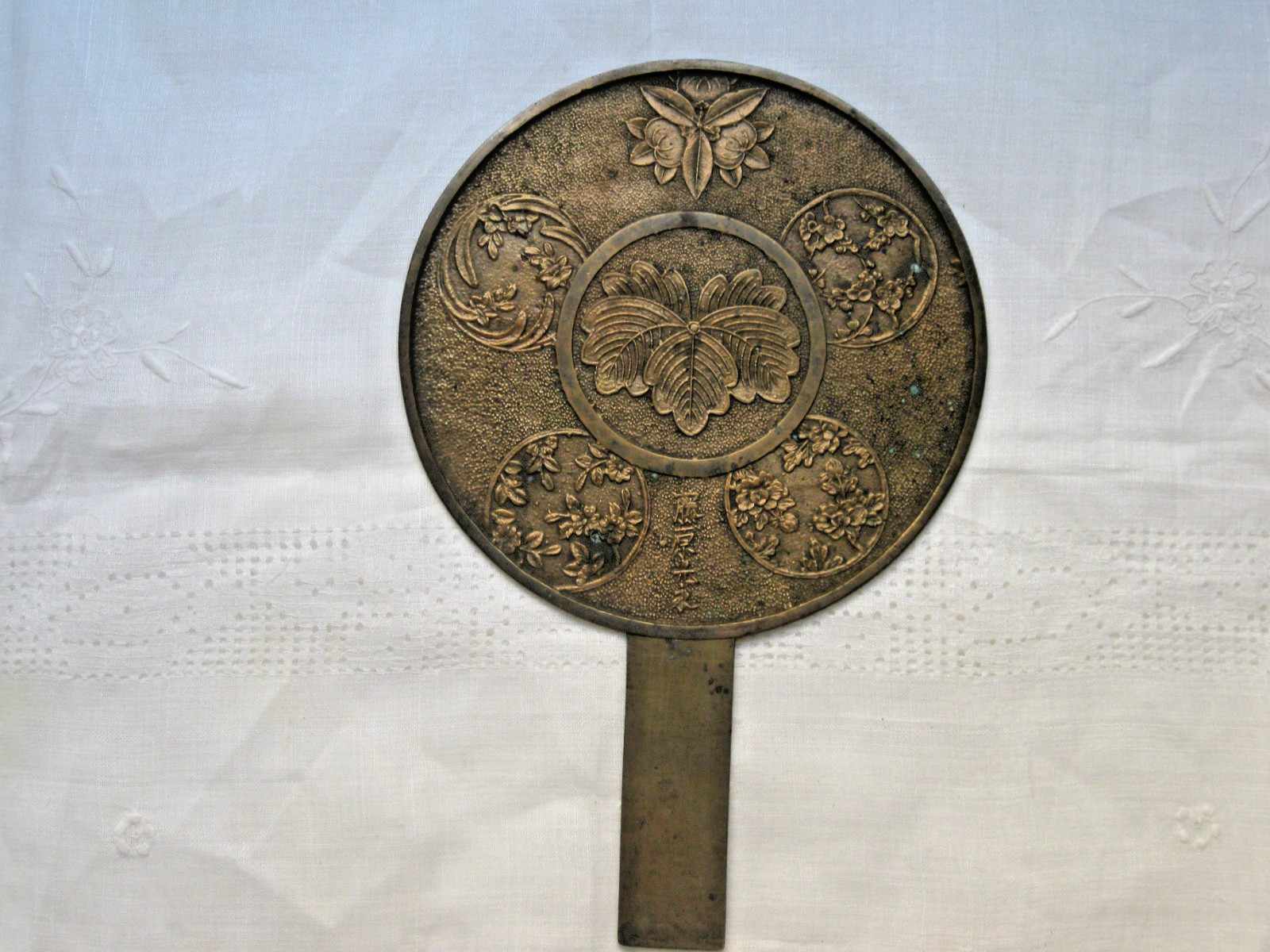 Antique Japanese Bronze Kagami Hand Mirror with Paulownia Kiri Crest