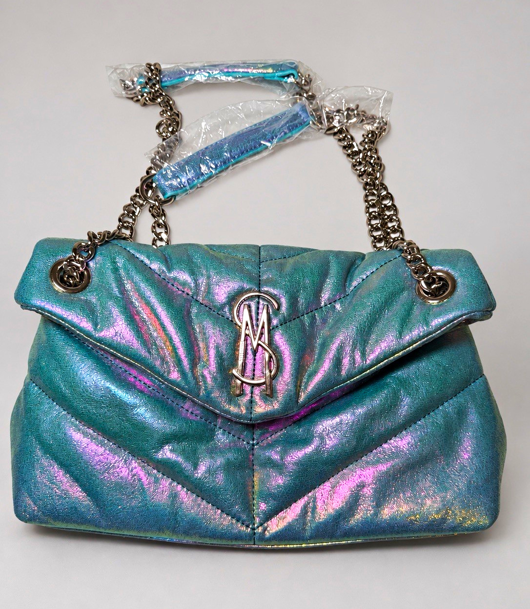 Steven madden  Metallic Blue Quilted Shoulder Bag Silver Chain Strap Magnetic