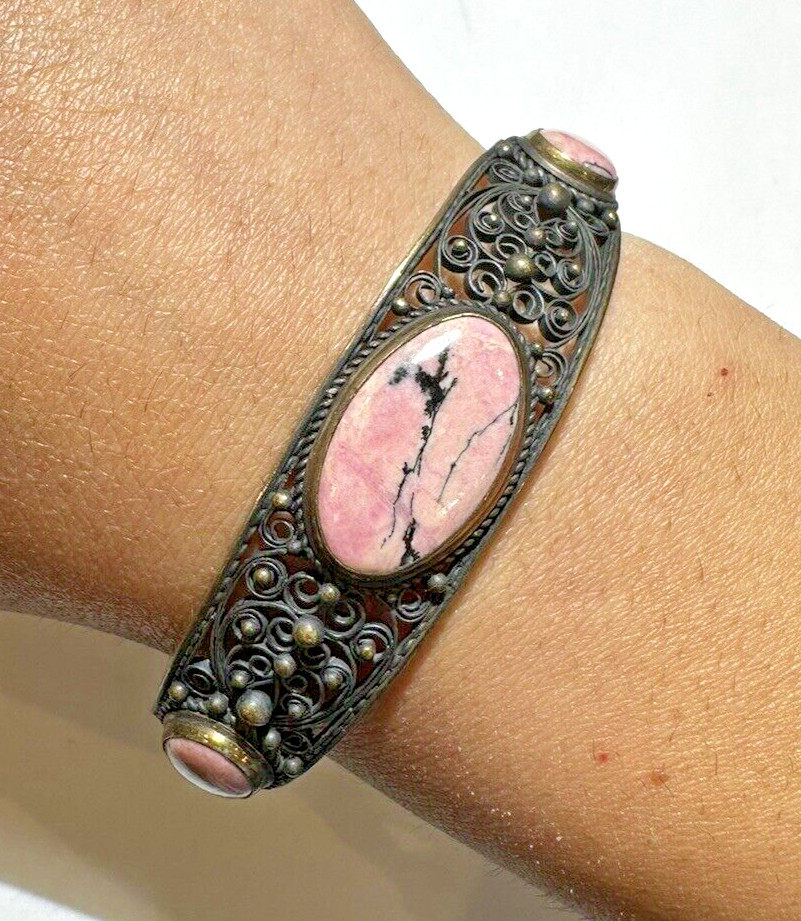 Vintage C 1988 URSS Rhodonite Cabochon Silver Filigree Hinged Artsy Bracelet