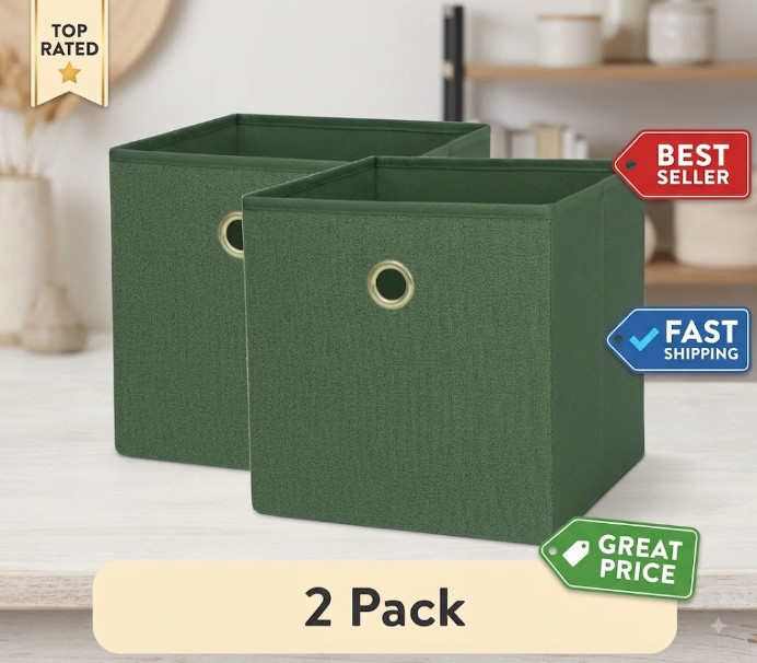 2 Pack Collapsible Fabric Cube Storage Bins Green Boucle Shelf Organizer
