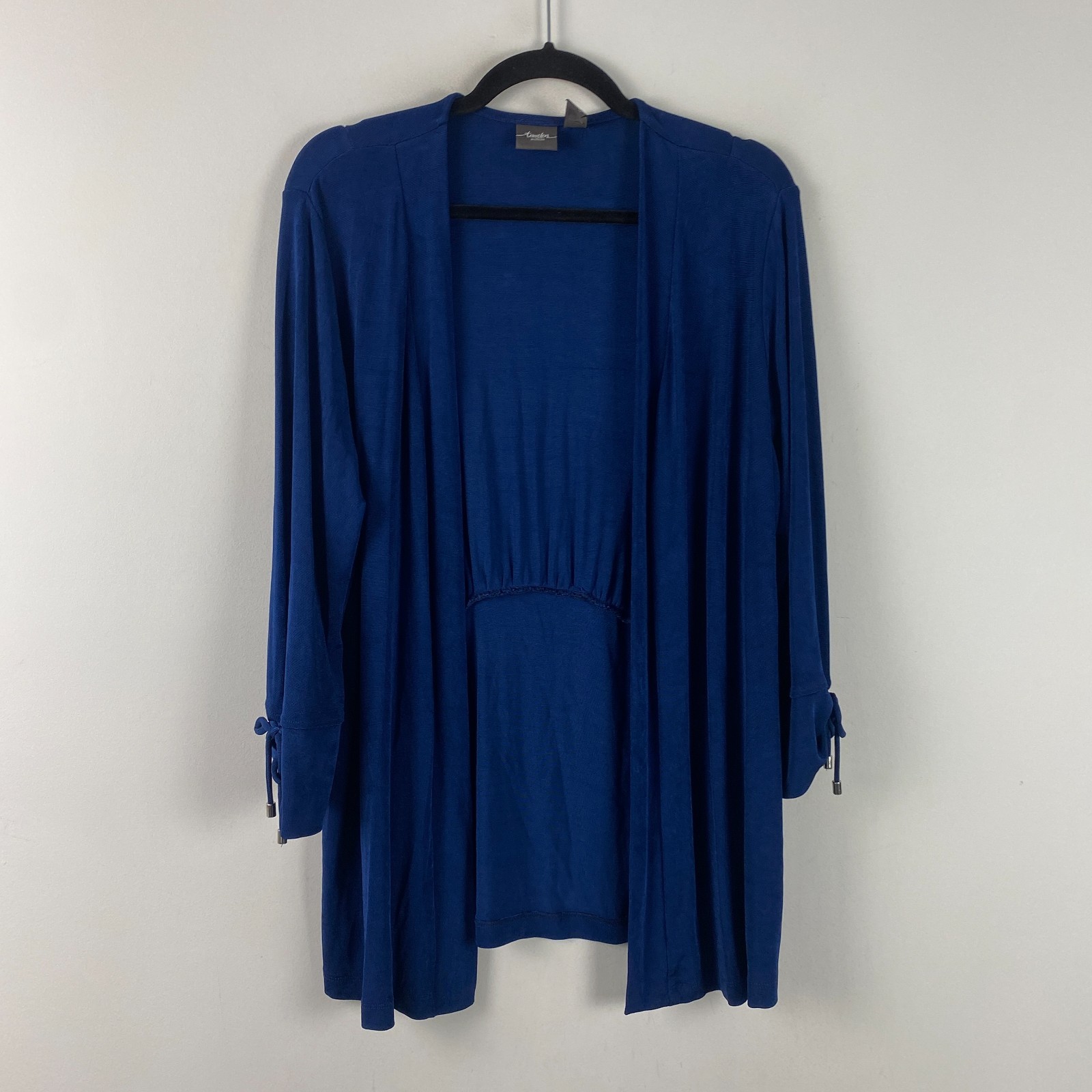 Chicos Travelers Open Front Jacket Size 2 US Large Slinky Knit 3/4 Sleeves Blue