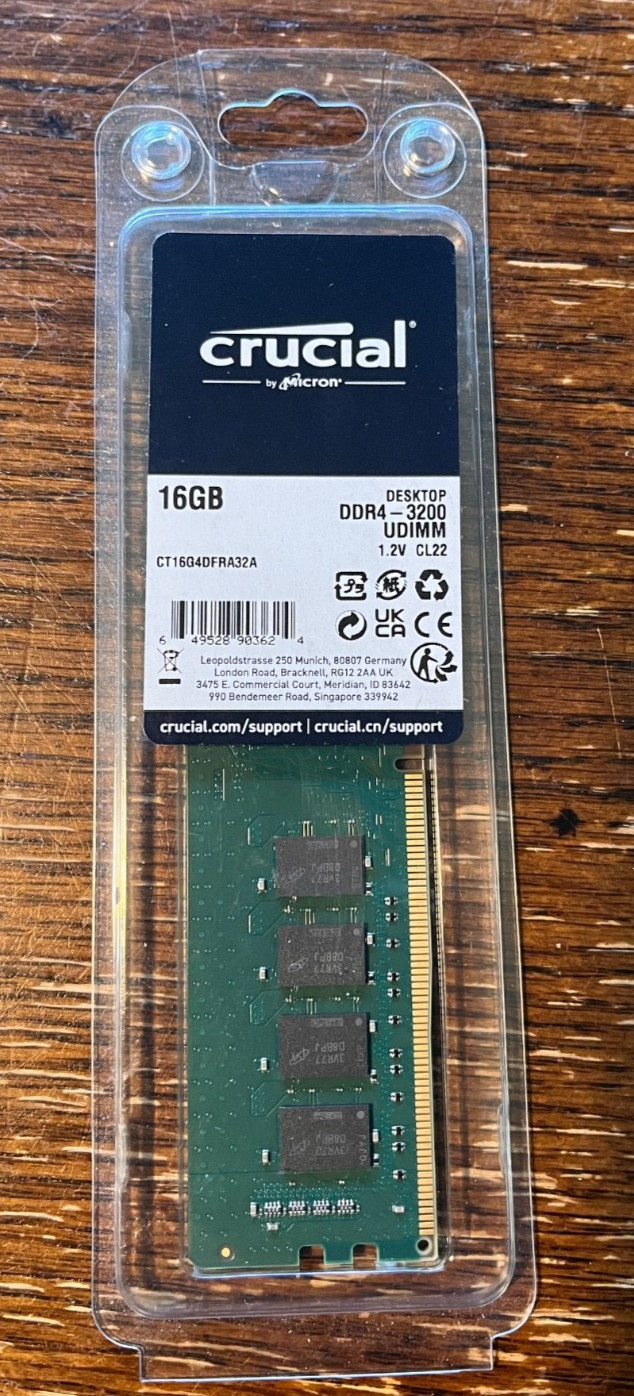 Crucial 16GB RAM DDR4 3200 MHz UDIMM CL22 Desktop Memory CT16G4DFRA32A