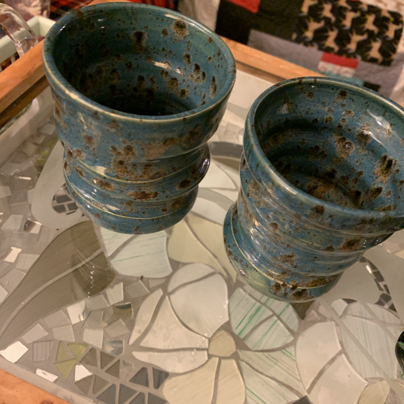 Vintage Pottery Ceramic Earthy Brown/Blue Glazed Tea Bowls Cups Pots Signed