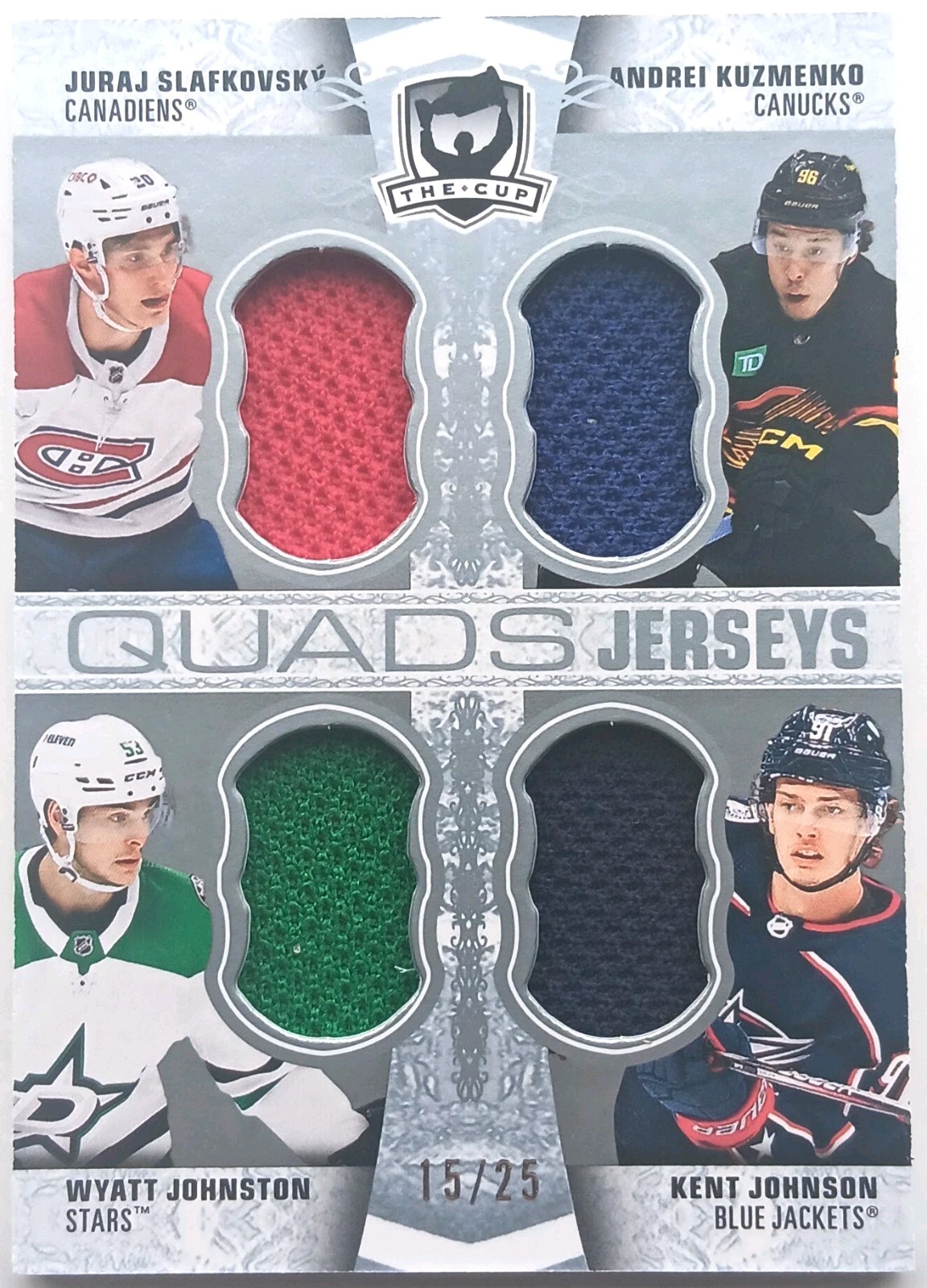 2022-23 UD The Cup Quads Jerseys Slafkovsky / Johnston / Johnson / Kuzmenko /25