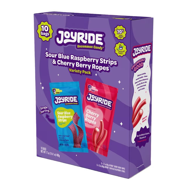 JOYRIDE Assorted Candy Box, Sour Blue Raspberry Strips & Cherry Berry Ropes, 10c