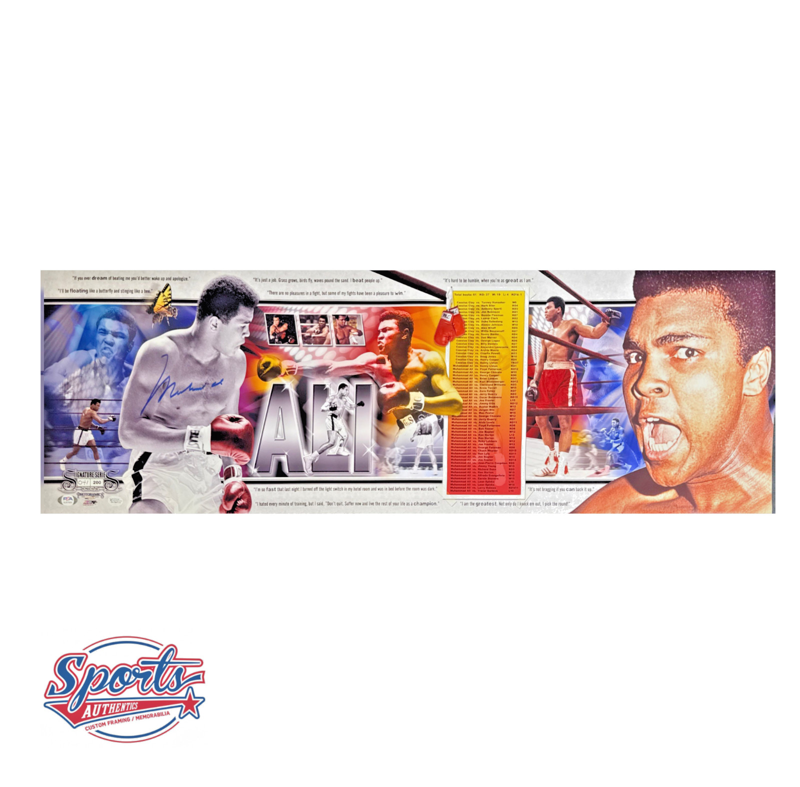 Muhammad Ali Signed 12x36 Panoramic Boxing Career Fights Poster PSA AJ07604
