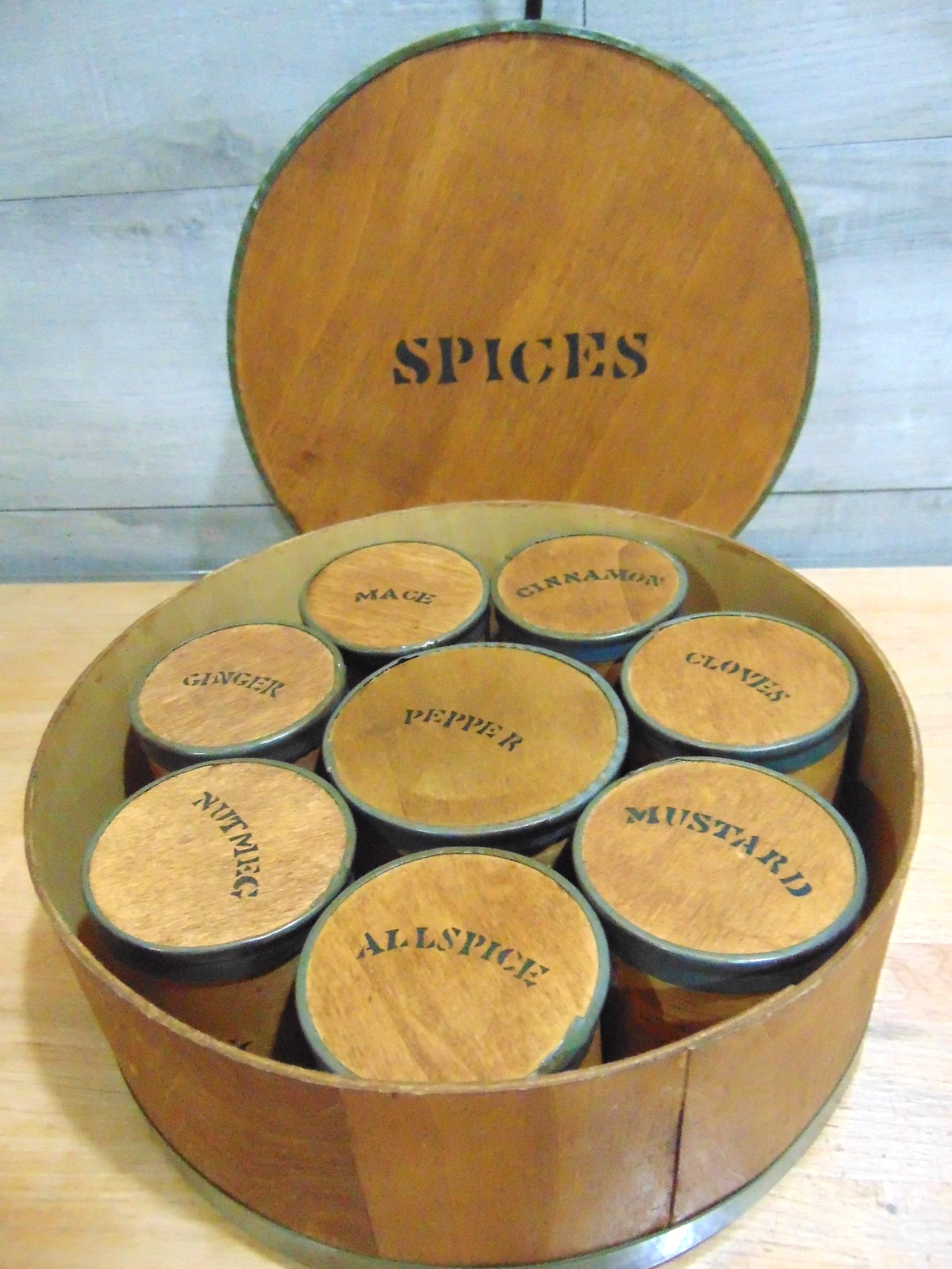 Rare 19th. Century Round Spice Box w 8 Tin Wrapped Wooden Spice Containers