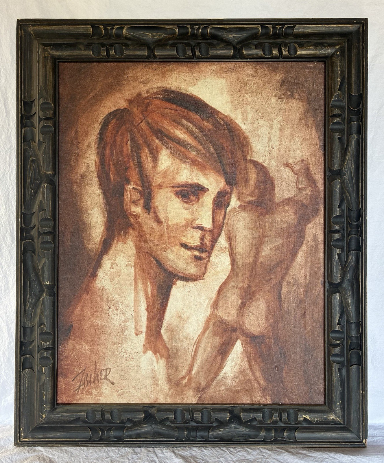Original Oil Painting - Monochromatic Expressionist Male Portrait - Frame 28x34”