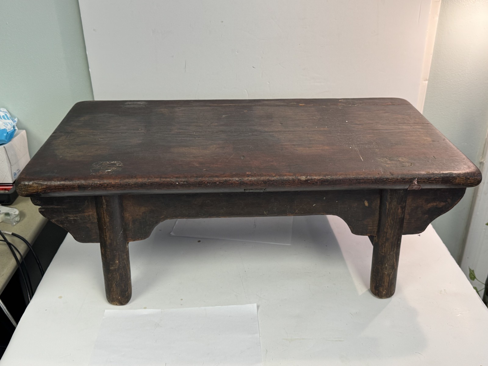 19th/20th C. Chinese Low Bench Stool Dark Wood Rustic Primitive Wax Export Seal