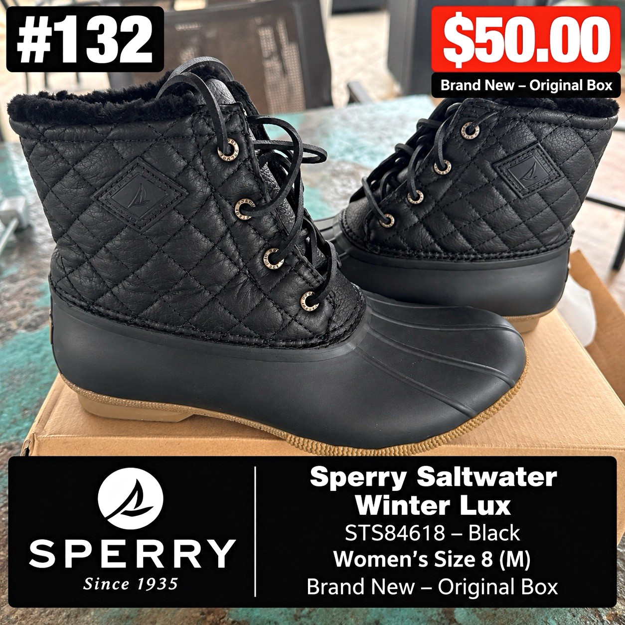 Sperry Saltwater Winter Lux Insulated Quilted Duck Boots Black 8M STS84618 Sperry Saltwater Winter Lux Insulated Quilted Duck Boots Black 8M STS84618