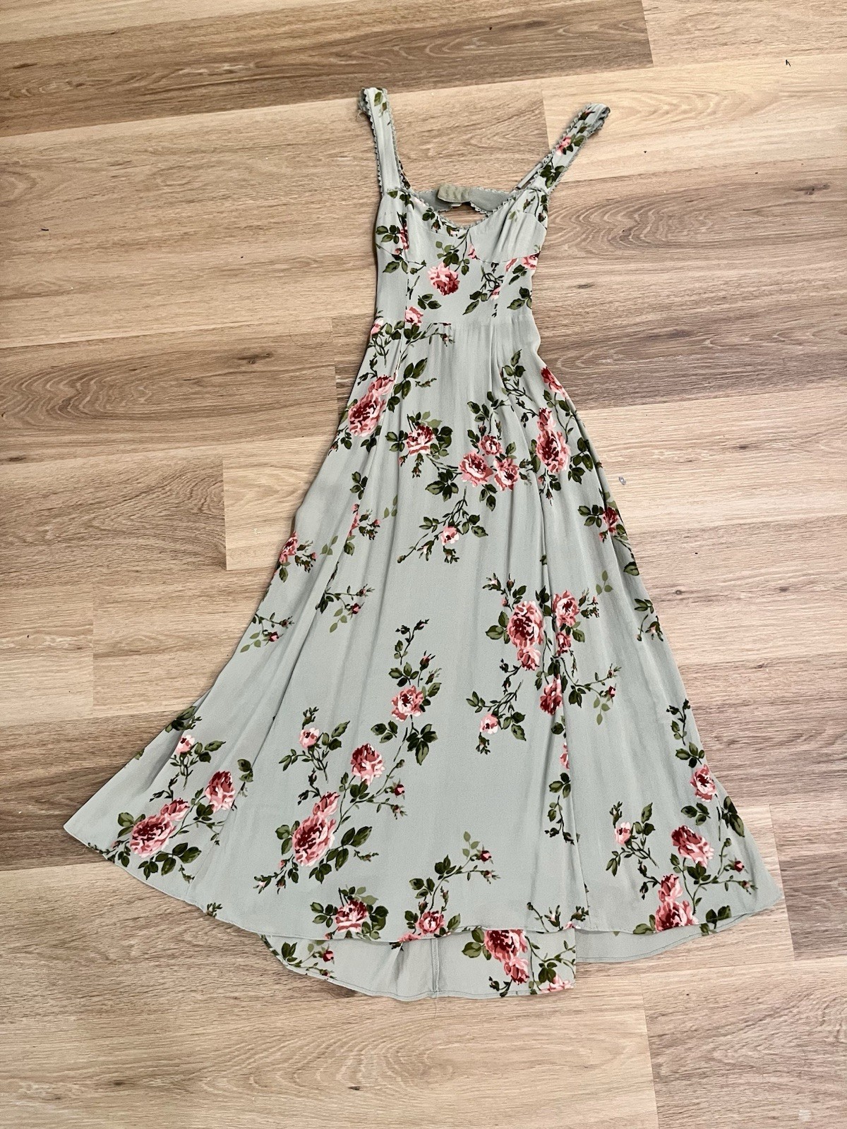 Reformation Lela Midi Dress Size 0 Green Pink Floral Rose Print Viscose