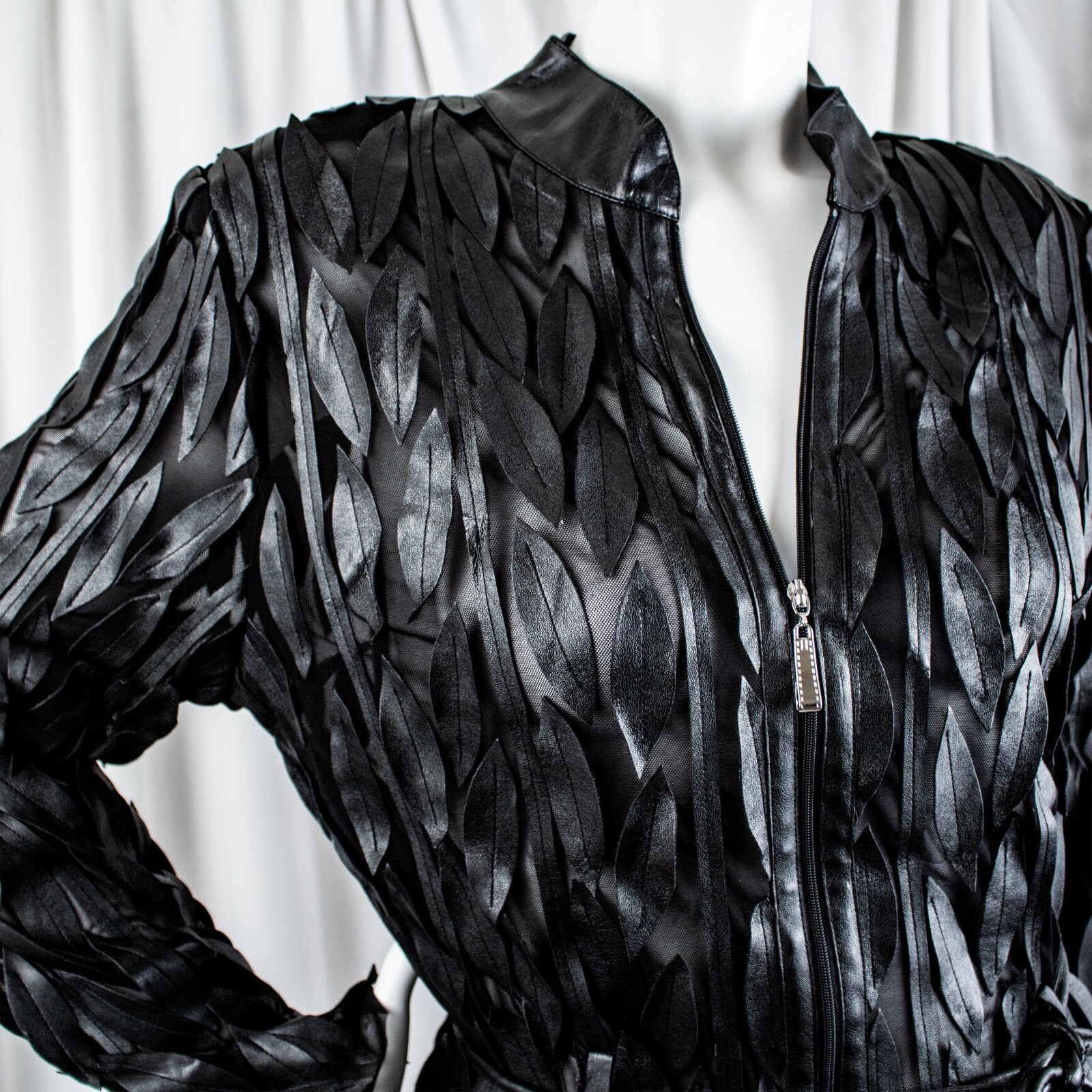 FRANK LYMAN Black Leather Leafs Sheer Women Shirt Jacket Size 16