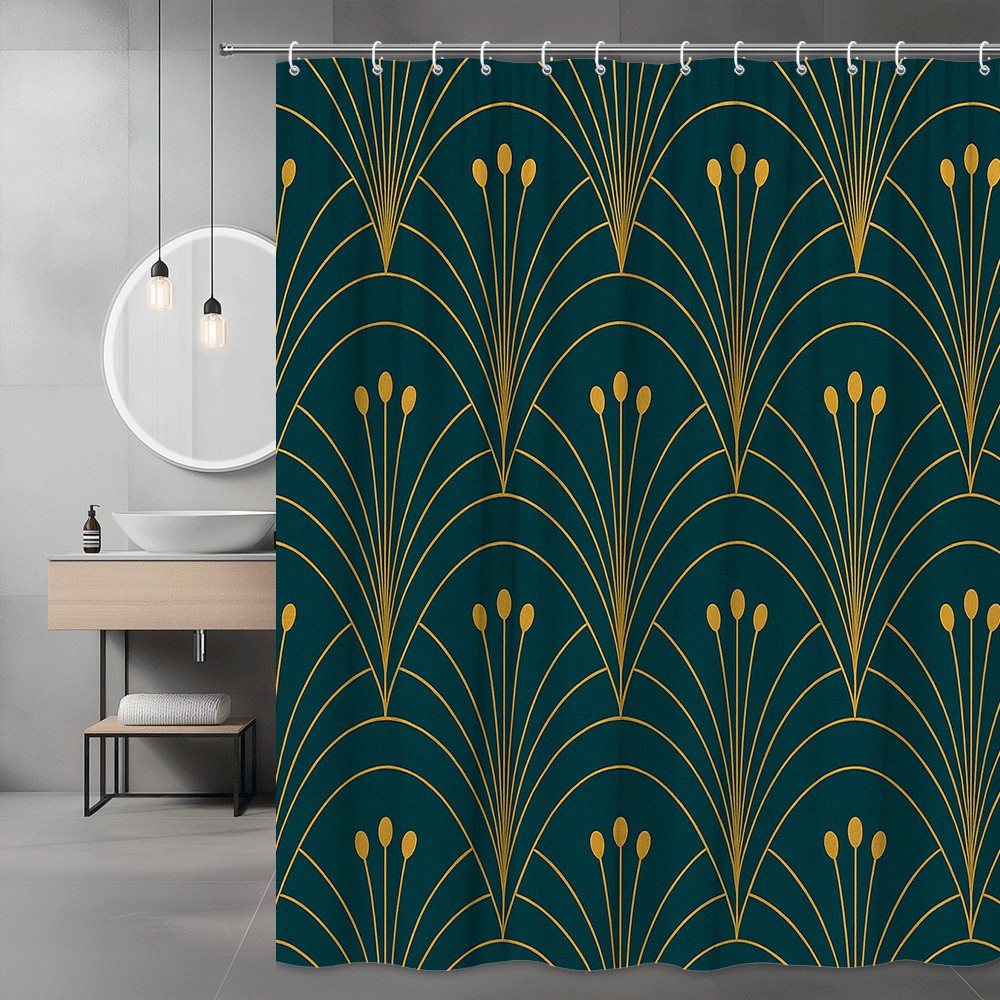 Elegant Floral Shower Curtain in Dark Green and Gold Design