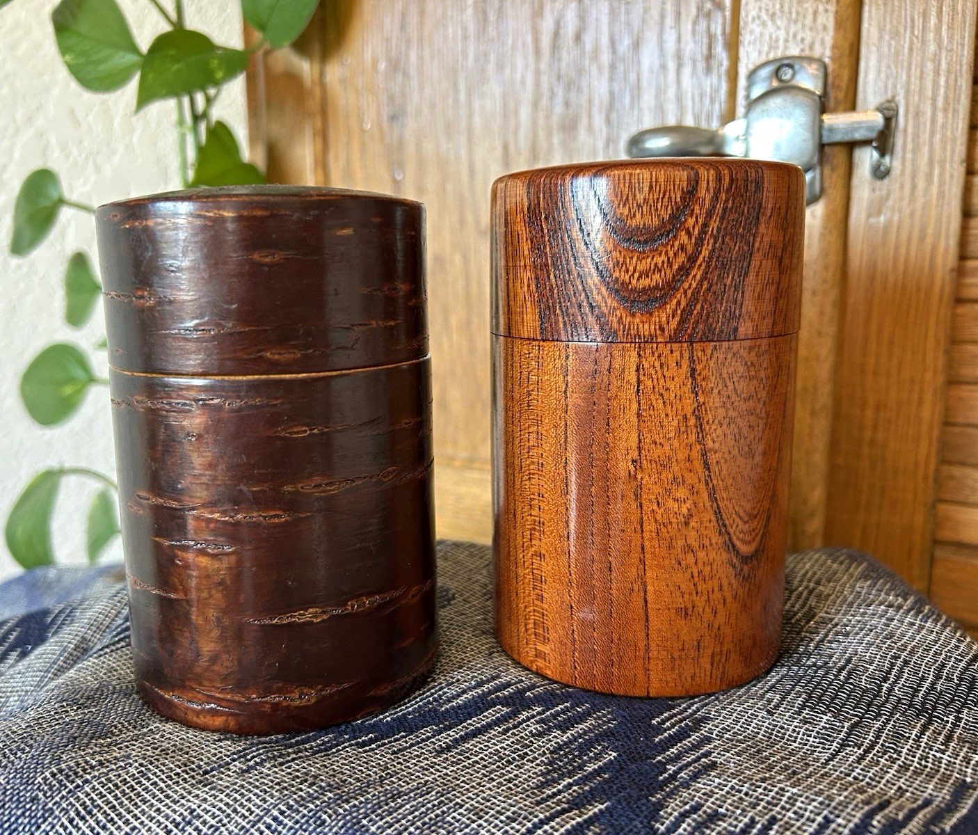 Vintage Japanese Wooden Tea Caddy Set • Wild Cherry Bark Kabazaiku & Keyaki Wood