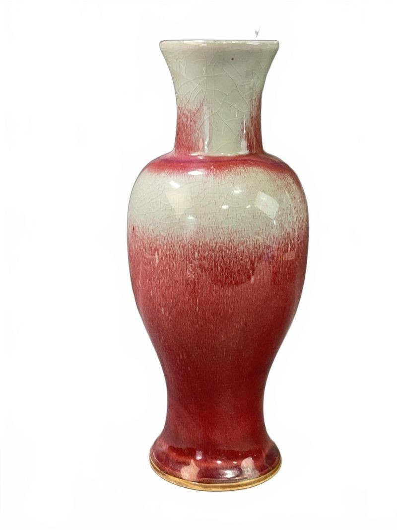 Vintage Chinese Porcelain Vase Langyao w Ox-Blood Red White Crackle Glaze 14