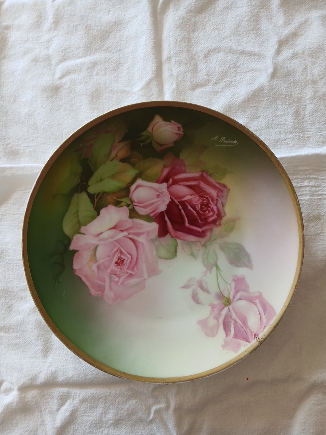 Thomas Sevres Bavaria Antique Plate Pink Roses Gold Trim Hand Painted SIGNED