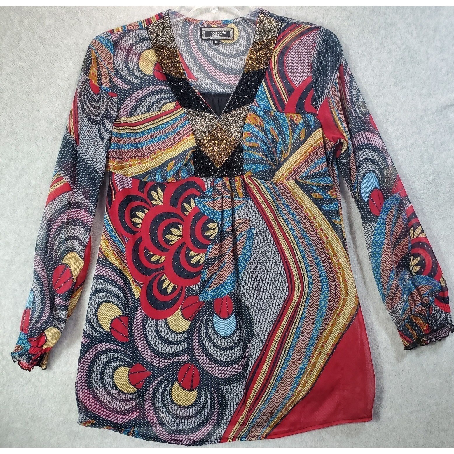Zashi Beaded V Neck Tunic Women M Multicolor Abstract Chiffon Long Sleeve Top