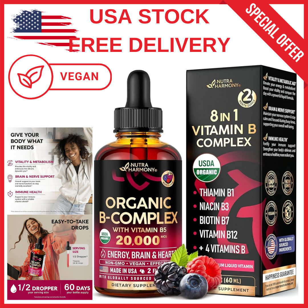 Organic Vitamin B Complex Liquid Drops - B1, B2, B3, B5, B6, B7, B8, B9, B12