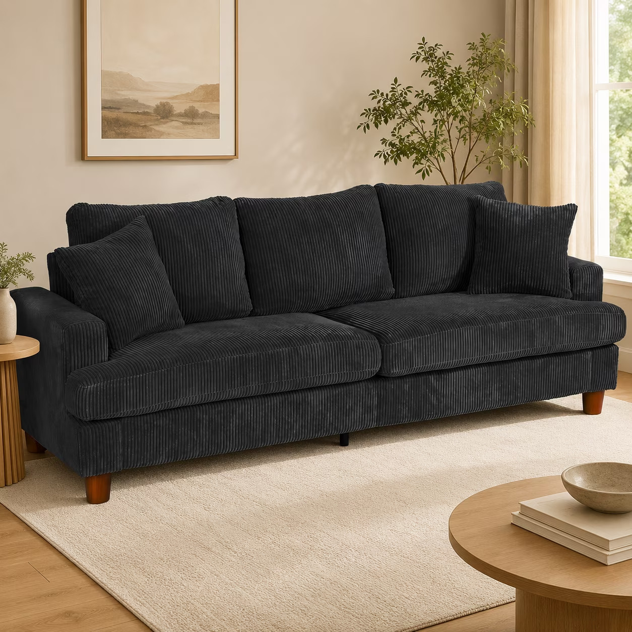 Neche SC002 87-Inch Corduroy Sofa, 3-Seater with Extra Deep Seats, Black