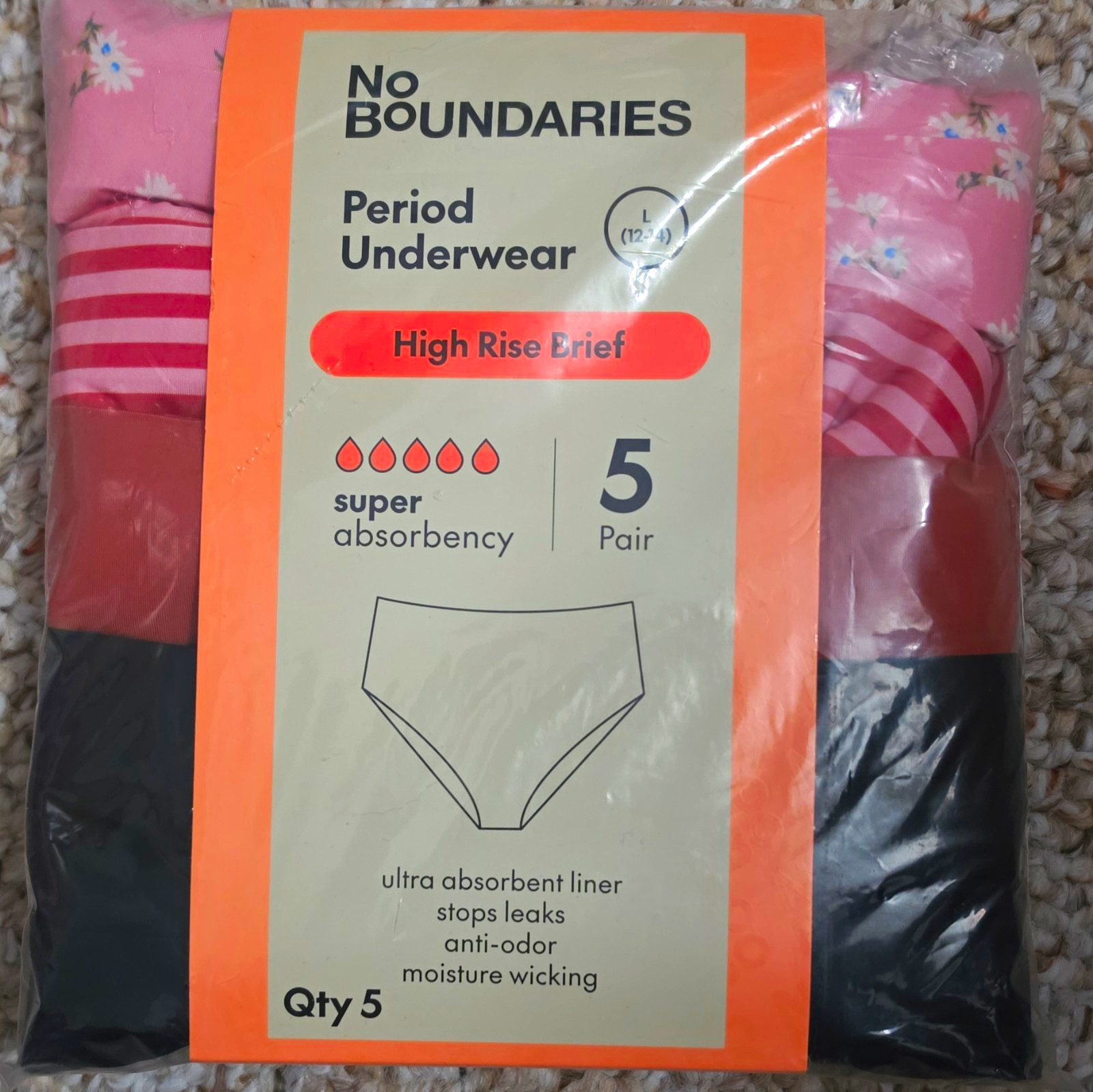 No Boundaries Period Underwear High Rise Brief 5 Pack Women\'s Size L Multicolor No Boundaries Period Underwear High Rise Brief 5 Pack Women\'s Size L Multicolor