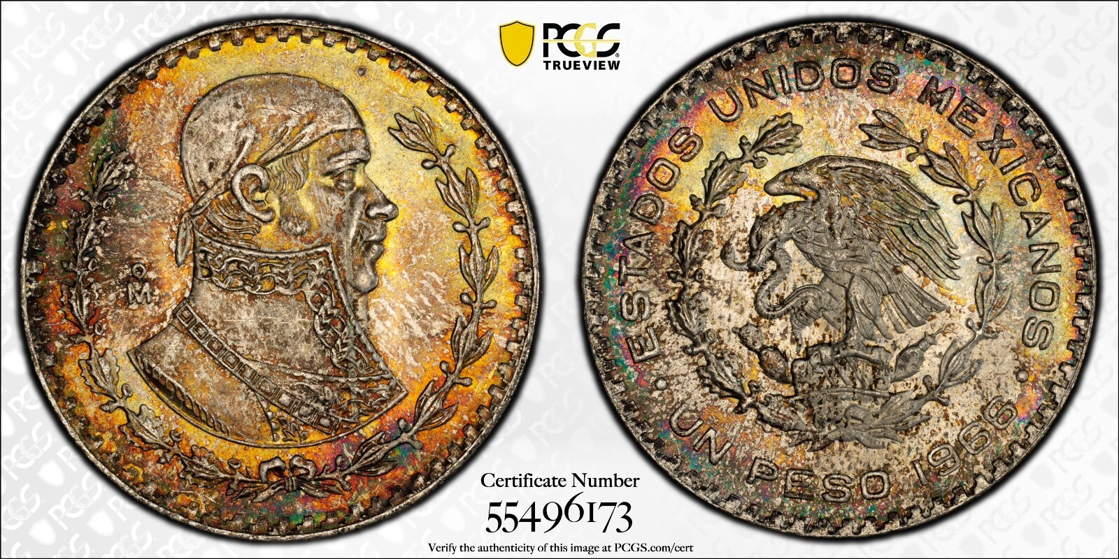 MS66 1966-Mo Mexico Silver 1 Peso, PCGS Trueview- Bright Rainbow Toned