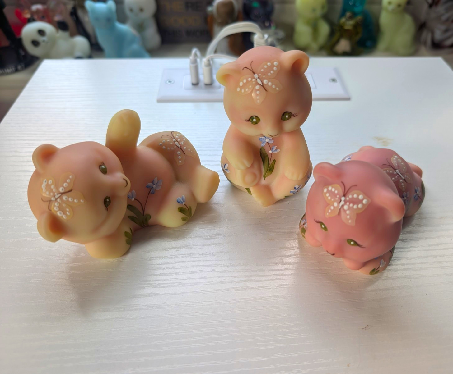 Fenton glass Hand Painted Burmese set of 3 bears