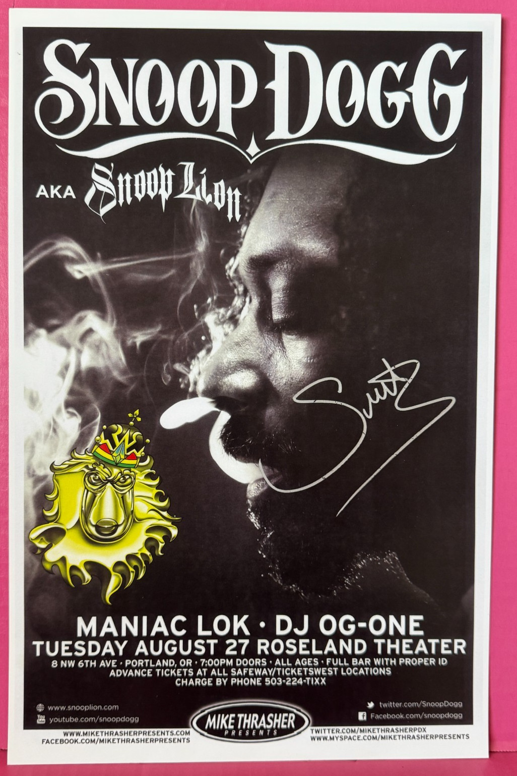 Snoop Dogg - Snoop Lion - Signed 11 x17 Music Poster w Cert of Auth and Free Del