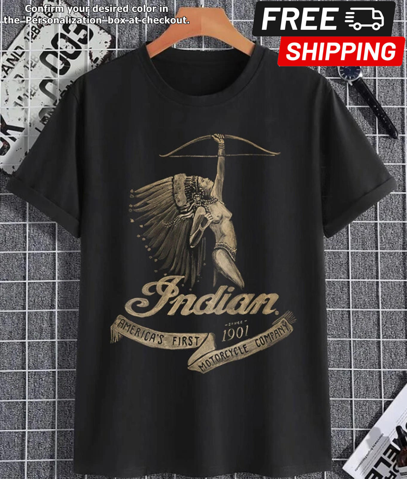 Indian Motorcycle First American Vintage Biker Racing Logo Graphic T-Shirt