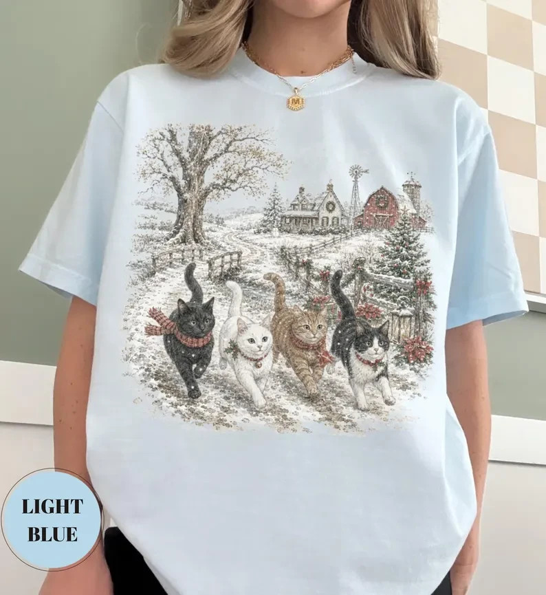 Vintage Christmas Cat  T Shirt, Cute Holiday Graphic Tee, Tis The Season Gift