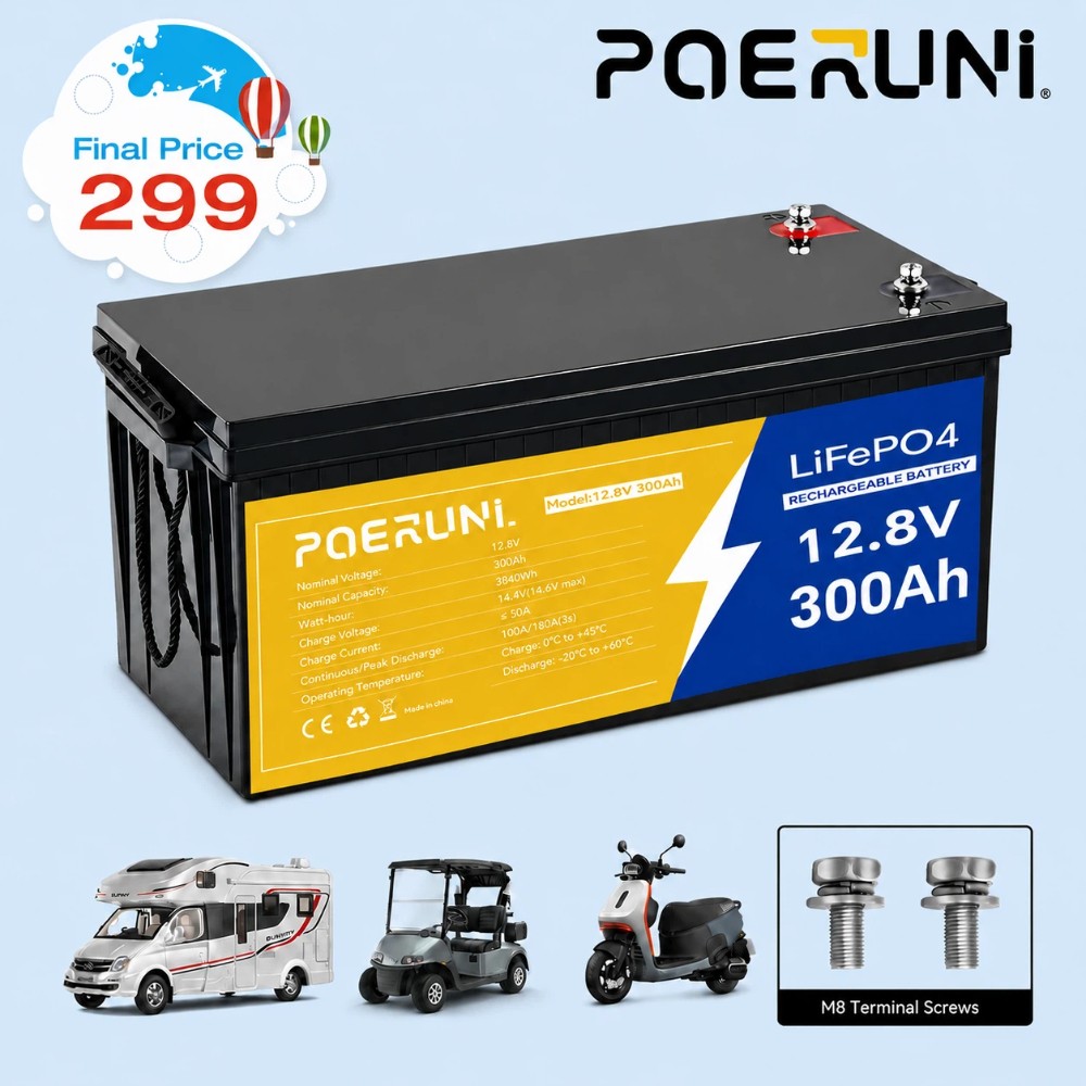 POERUNI 12V 300Ah LiFePO4 Battery 3840Wh BMS Deep Cycle Lithium Solar Off Grid