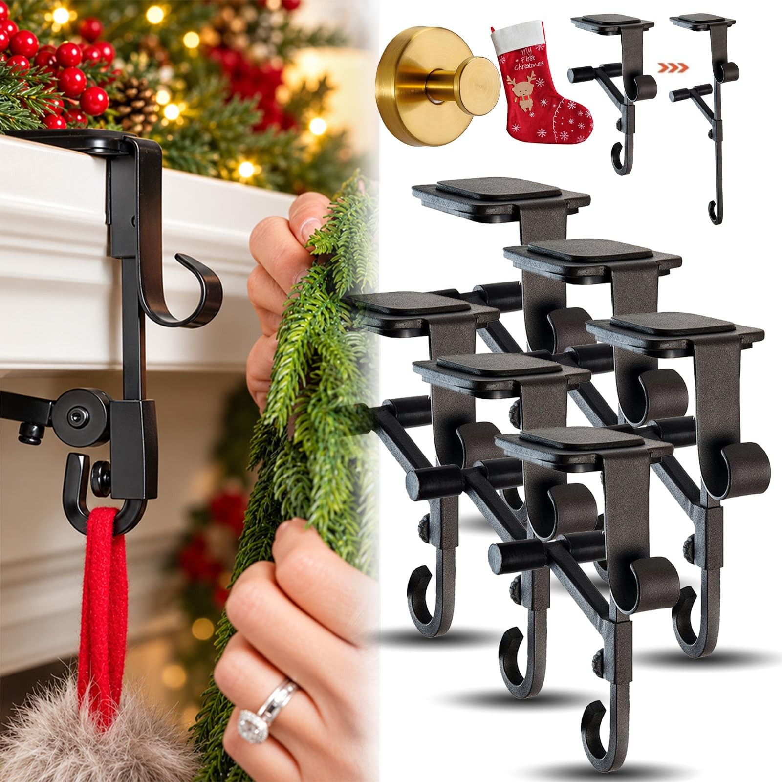 2027 Upgraded Garland Hangers for Mantle, 2-in-1 Adjustable Fireplace Stocking 