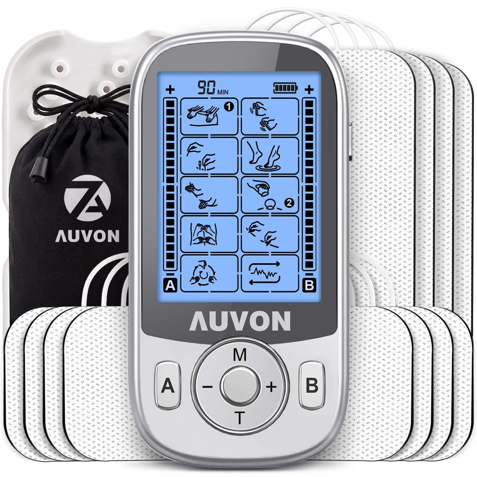 AUVON 24 Modes Dual Channel TENS Unit Muscle Stimulator for Pain Relief Silver