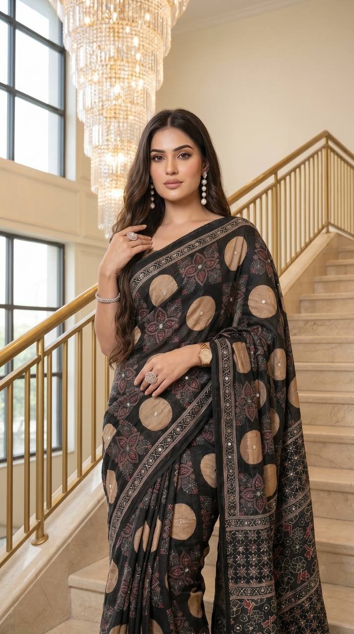 Semi Modal Silk Ajrakh Print Saree Real Mirror Work Indian Ethnic Sari Blouse