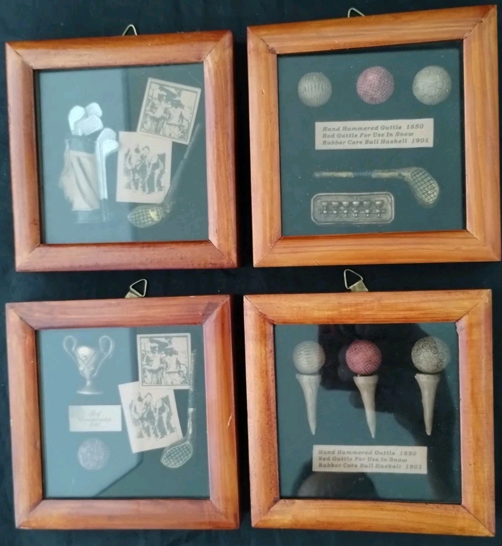 4 Golf Shadow Box Tees Ball 3D Wall Art 4 3/4 x 4 3/4 Antique Decor Vintage Gift